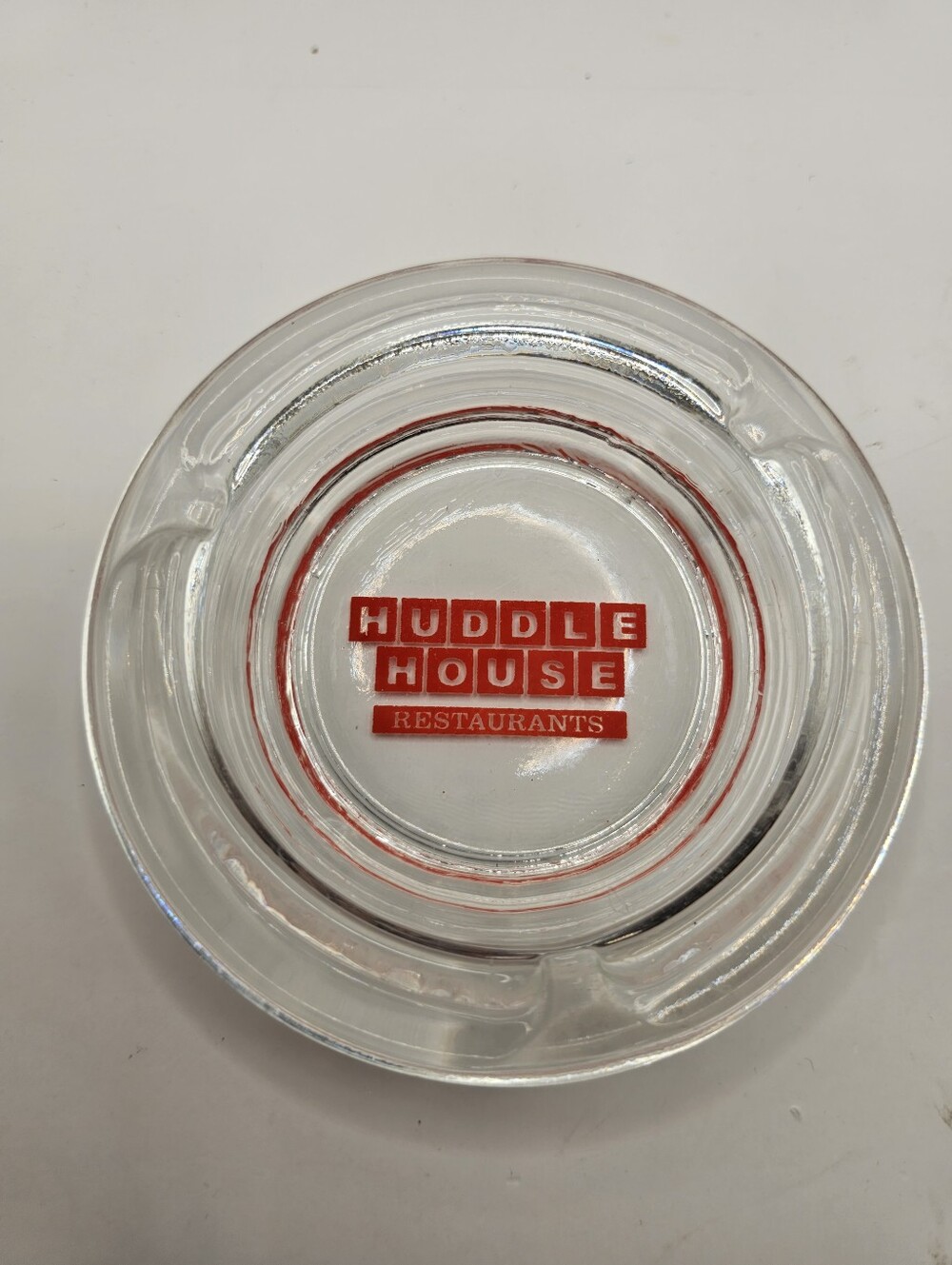Vintage Huddle House Clear Glass Ashtray with Red Logo